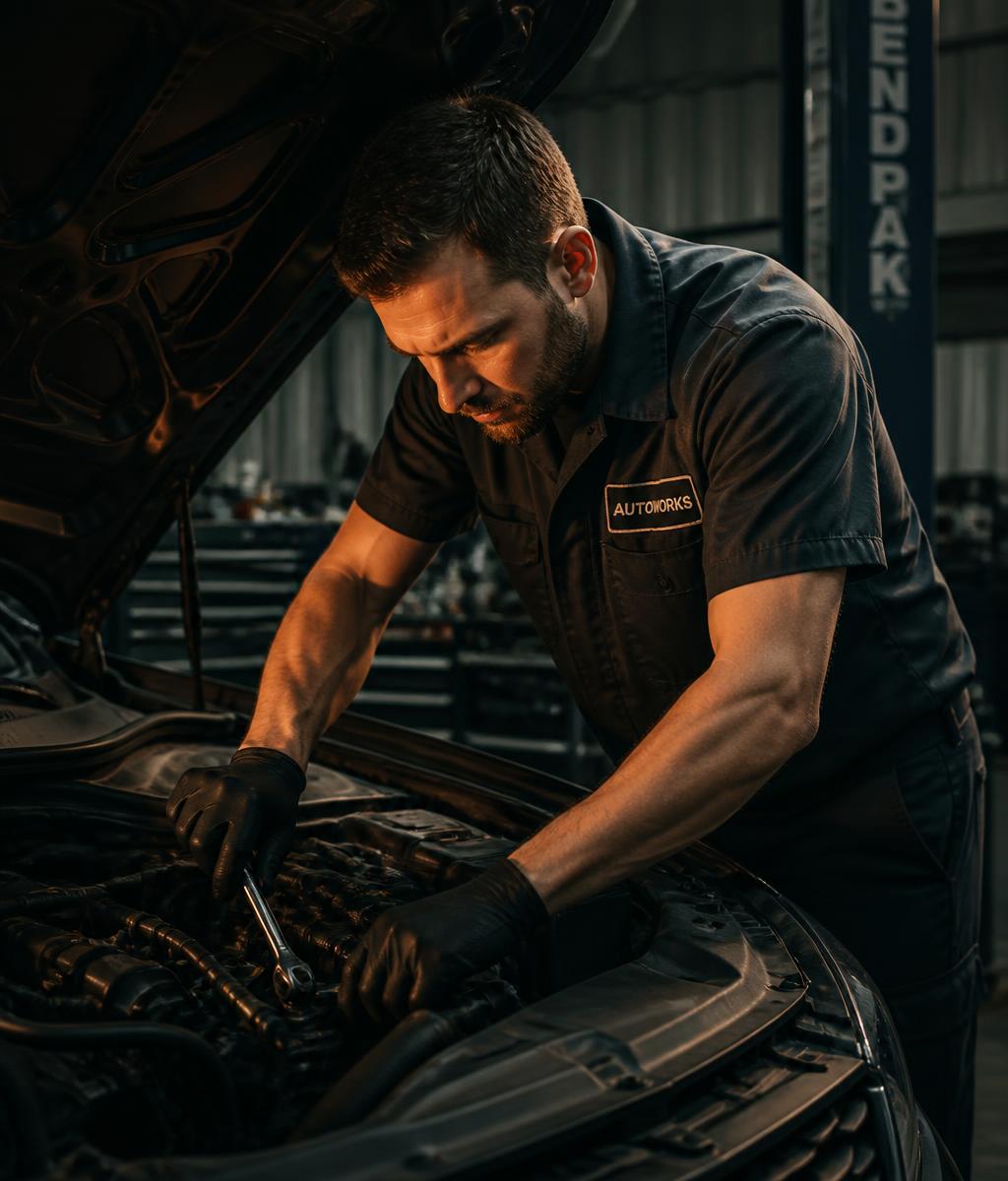 Mecânico da ROLLING Garage trabalhando no motor de um veículo